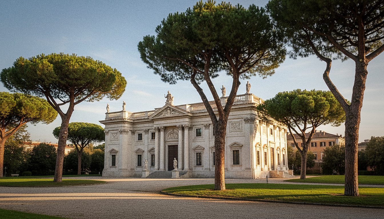 A Borghese Galéria barokk épülete esernyőfenyők között, a Villa Borghese parkjában