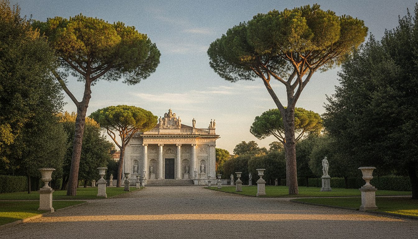 A Villa Borghese kertje esernyőfenyőkkel és a barokk Borghese Galéria épülete meleg római napfényben